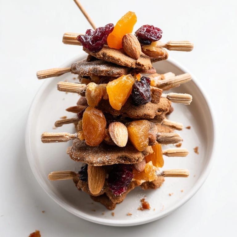 Holiday-inspired Lebkuchen cookie skewers with almonds, apricots, and cranberries for a festive treat.