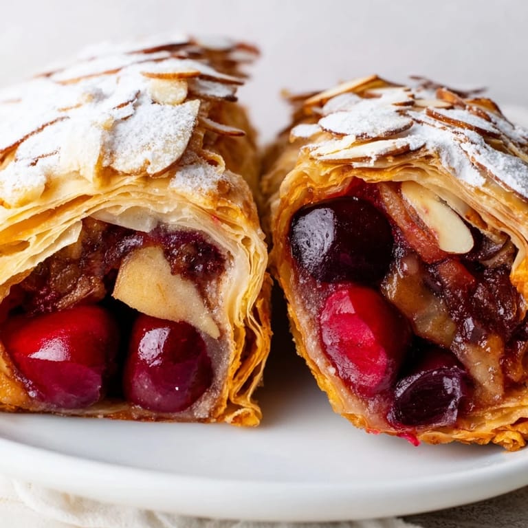 Sliced Cherry Martini Apple Strudel garnished with almonds and powdered sugar, perfect for dessert.  