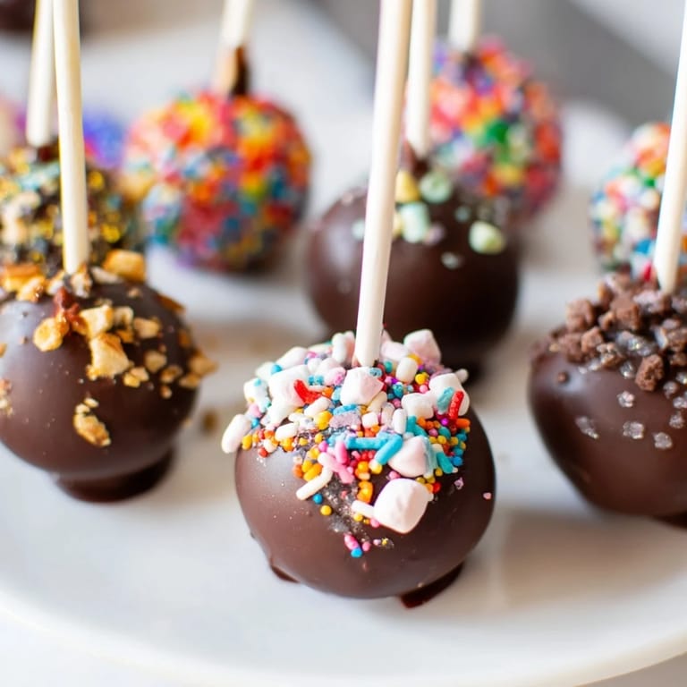 Moist marzipan chaos cake pops dipped in rich chocolate, perfect for festive gatherings.  