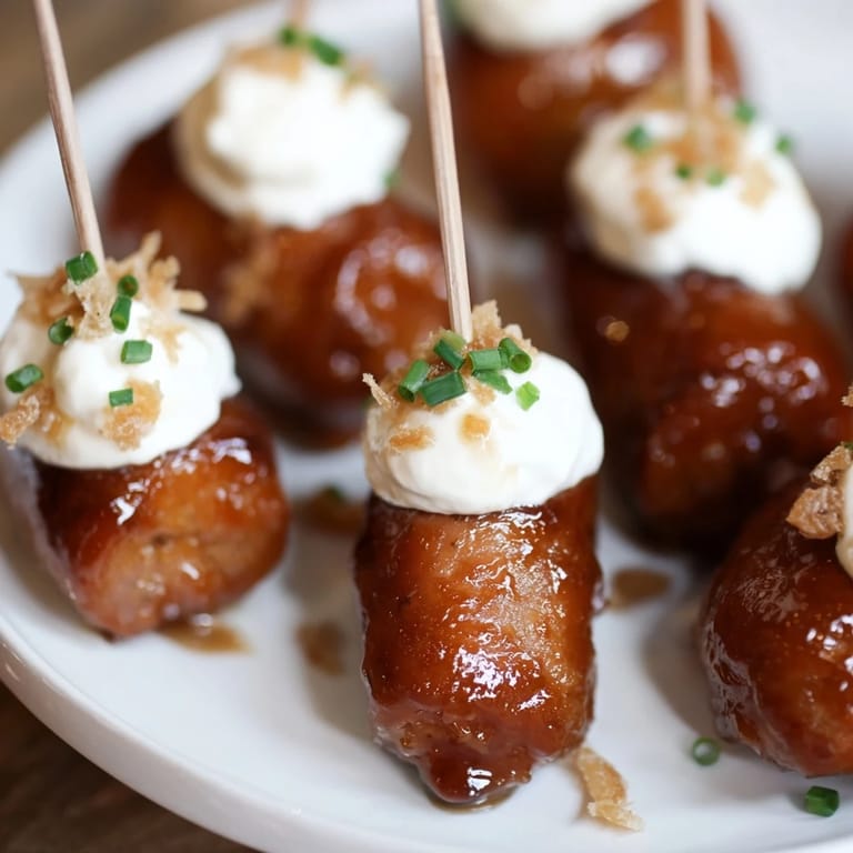 Golden brat bites drizzled with sweet butterbeer glaze for a delightful appetizer.  