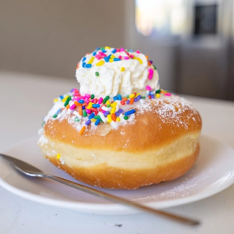 Pillowy-soft Funfetti Berliner donuts, bursting with sweet cream and vibrant sprinkles.