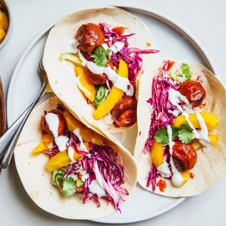 Köstliche Pickle Mango Currywurst Tacos auf weichen Tortillas, ideal für einen Snack.