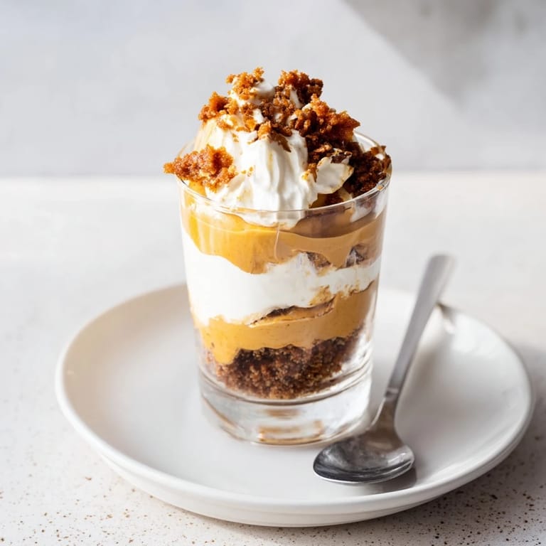 Köstliche Lebkuchen-Pumpkin-Parfait-Tassen mit lockerem Sahnetopping und Gewürzen.  