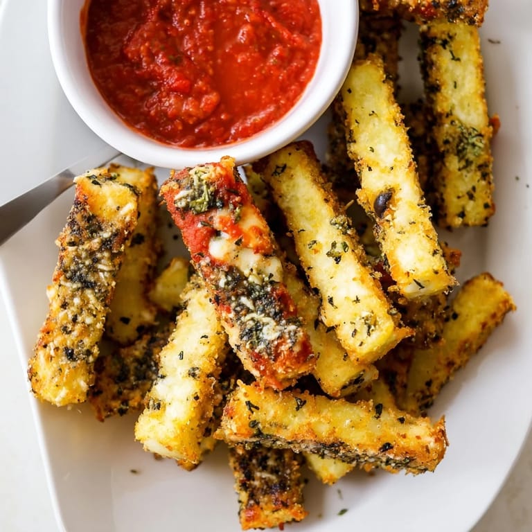 Herzhafte, knusprige Kartoffelpuffer-Sticks, die perfekt mit Marinara serviert werden.