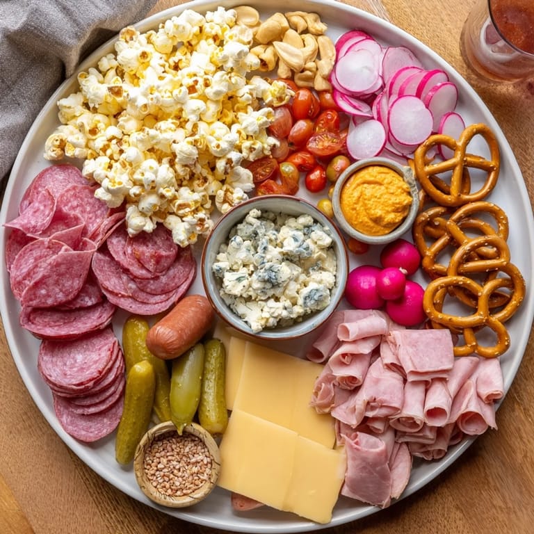 Bayerisches Charcuterie-Popcorn-Board voller Aromen und knusprigem Popcorn für Partys.