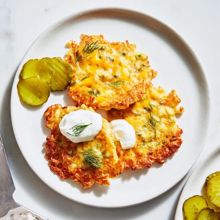 Aromatische Pickle Juice Spaetzle Fritters, mit frischem Dill und geschnittenen Gurken garniert.