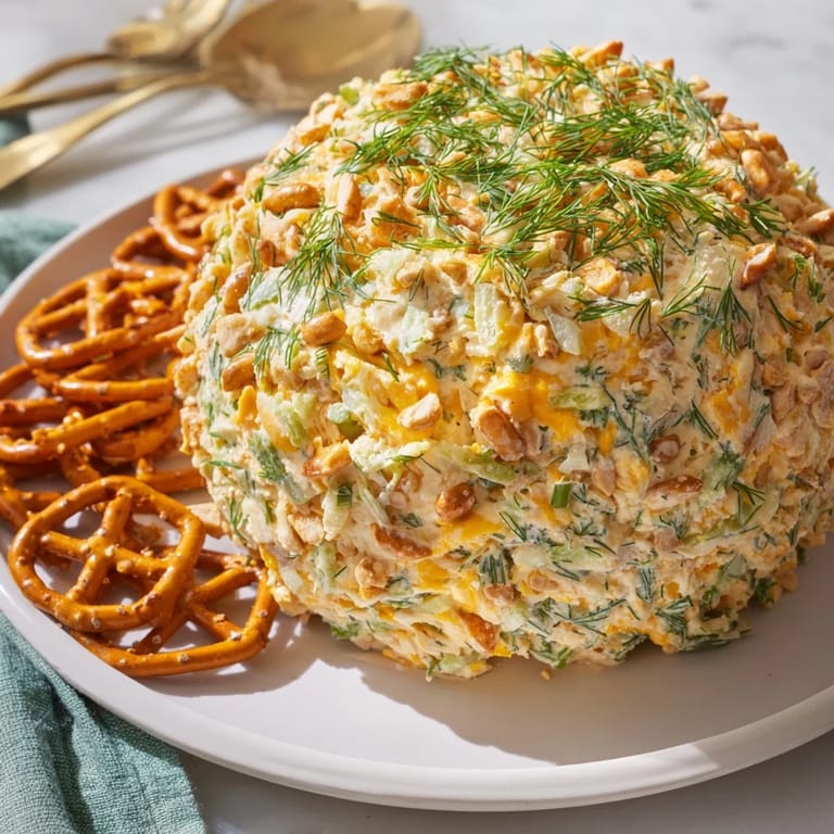 Tangy Pickle Pretzel Holiday Cheeseball auf einem eleganten Servierteller mit Dillgarniere.  