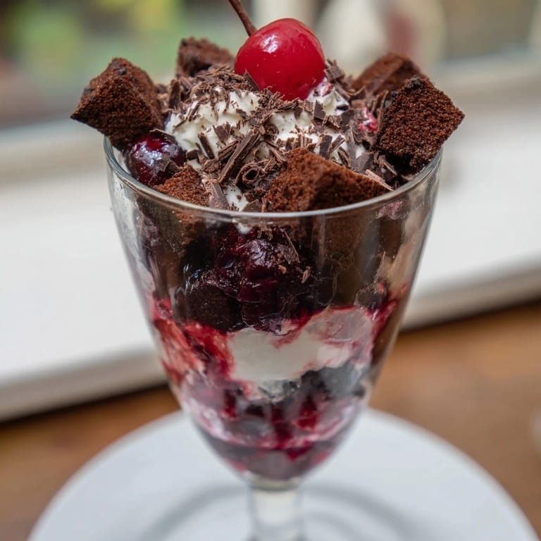 Erfrischender Ginger Soda Black Forest Trifle mit leicht süßer Kirschkompott-Garnierung.  