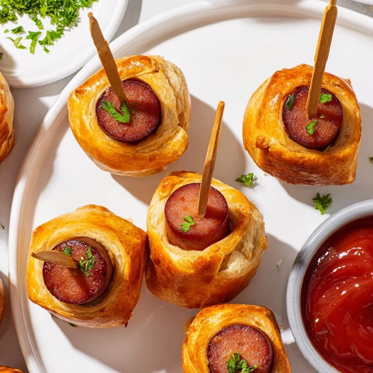Bunte Currywurst Puff Pops serviert auf einem festlichen Teller, ideal für Partys.