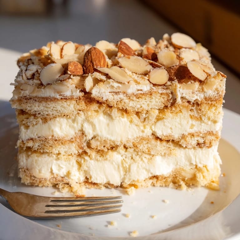 Leckere Bienenstich-Milchshake-Riegel auf Keksboden mit gerösteten Mandeln obendrauf.