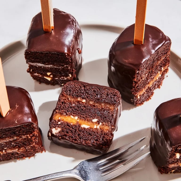 Genussvolle Chaos Cake Sacher Muffin Sticks, die schokoladig und fruchtig mit süßer Glasur glänzen.