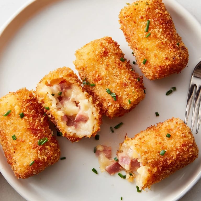 Creamy cheese-filled Black Forest ham croquettes served hot with tangy dipping sauce.  