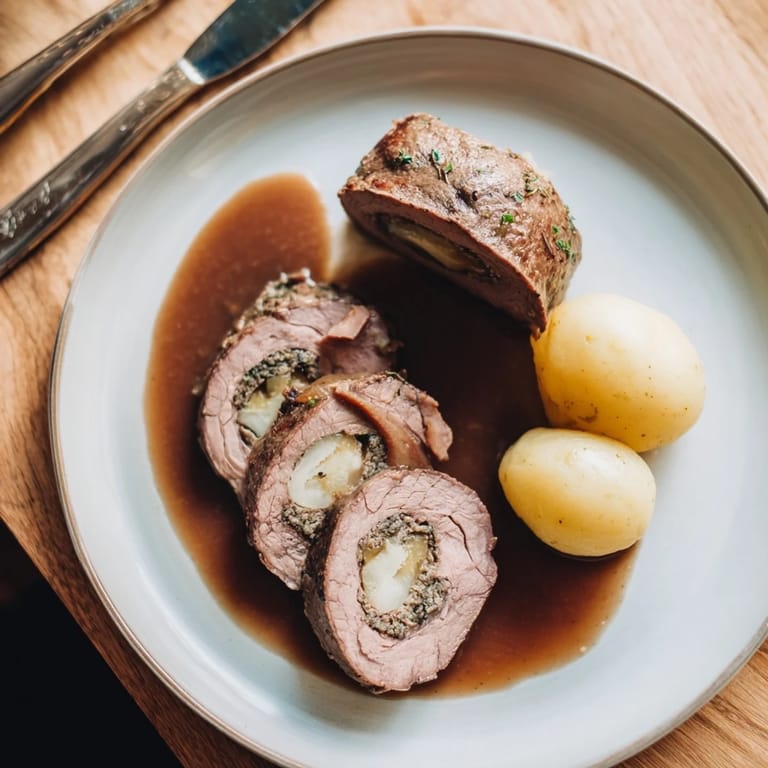 Saftige Rinderrouladen mit Senf, Bacon und Kartoffelklößen in herzhaftem Bratensaft.