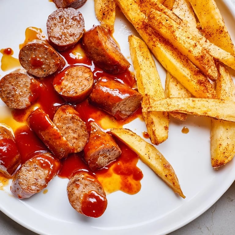 Leckere Currywurst, die in wohlschmeckendem Ketchup schwimmt, zusammen mit Ofenpommes.  