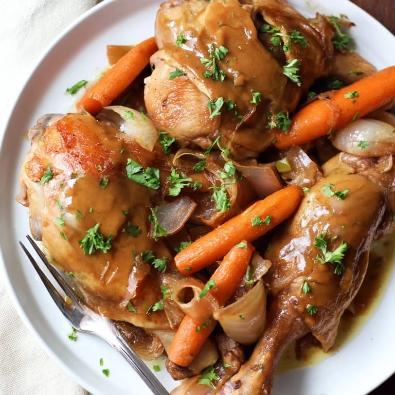 Hähnchenunterkeulen, die in duftendem Bier mit frischem Gemüse geschmort sind.