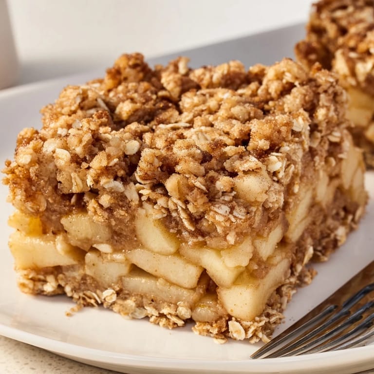 Herzhafte Apple Streusel Frühstücksbars mit einem goldbraunen, buttrigen Belag.