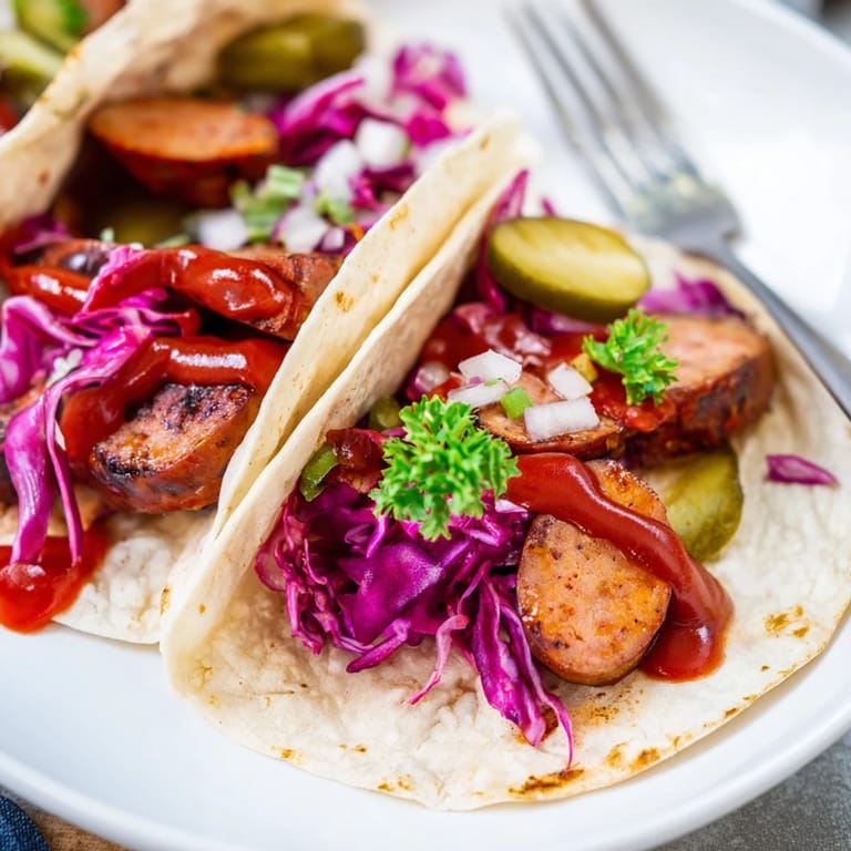 Fusion der Berlin Currywurst-Tacos, serviert in weichen Tortillas mit aromatischem Ketchup.  