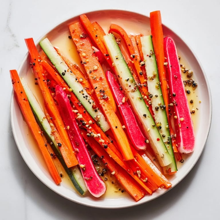Erfrischende, aromatische Quick Pickled Veggie Sticks für einen gesunden Snack.  