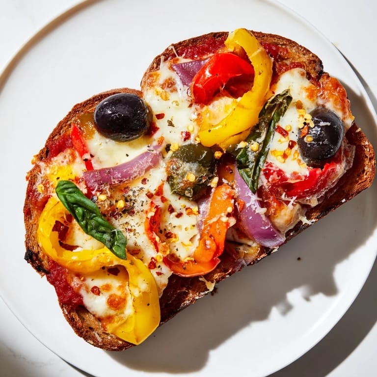 Leckere Marble-Rye-Pizza-Toast mit buntem Gemüse, perfekt für einen Snack.  