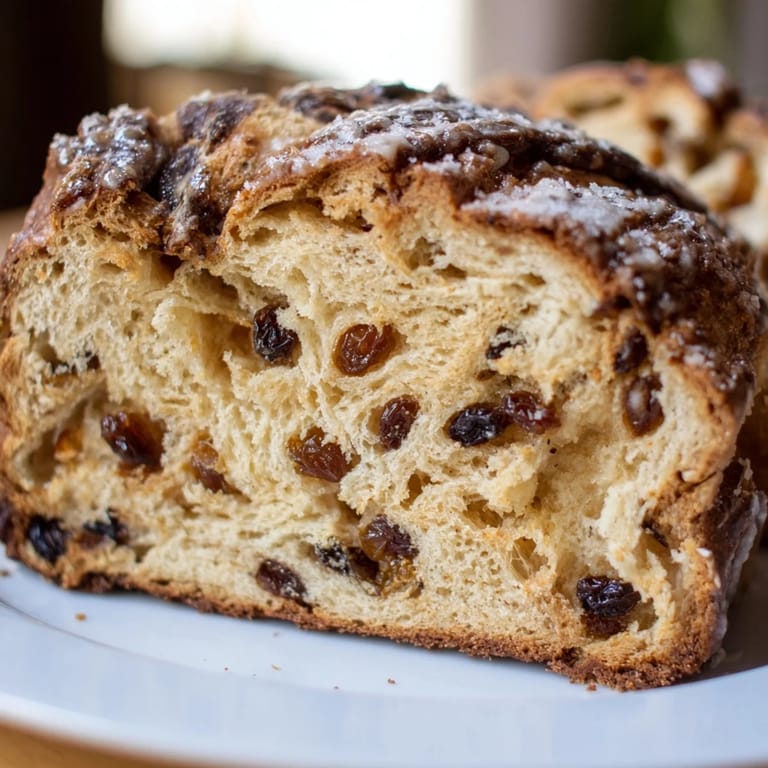 Warm serviertes deutsches Rosinenbrot, gefüllt mit zarten Rosinen und Gewürzen.  