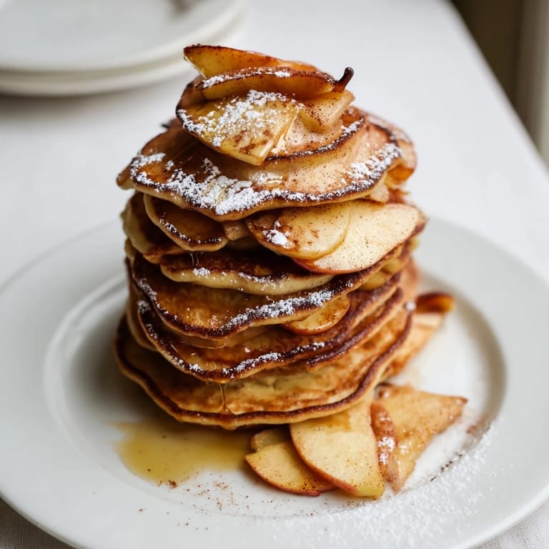 Golden brown pancakes with tender apple slices and a hint of cinnamon.