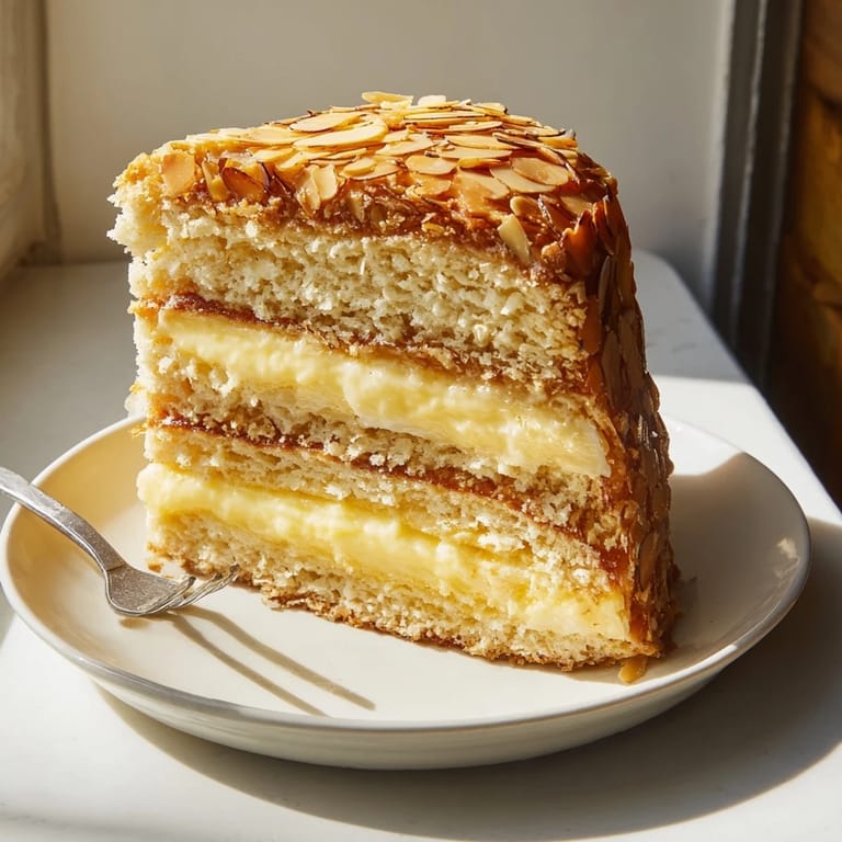 Köstlicher Bienenstich Kuchen, perfekt serviert mit frischer Sahne und Früchten