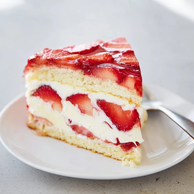 Klassische deutsche Erdbeertorte: zarter Biskuit, cremige Füllung und frische Früchte.