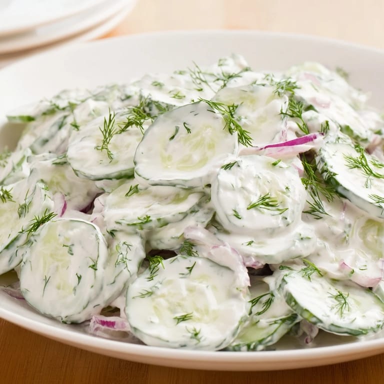 Erfrischender Omas deutscher Gurkensalat, serviert mit knusprigem Brot und Zwiebeln.  