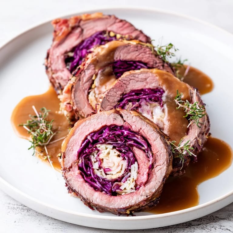 Sizzling Sauerbraten Roulades plated with red cabbage, ready for a modern German feast.