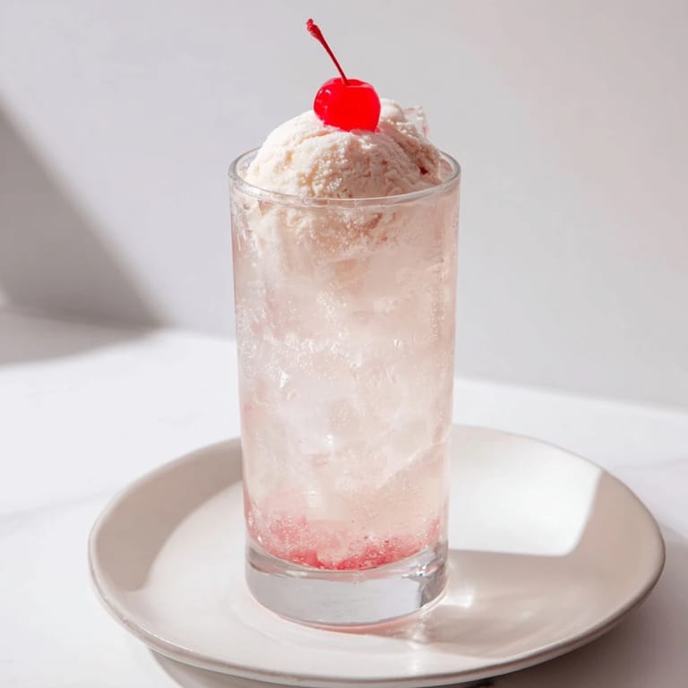 Refreshing homemade cream soda float featuring vanilla syrup, bubbly soda, and a cherry garnish.