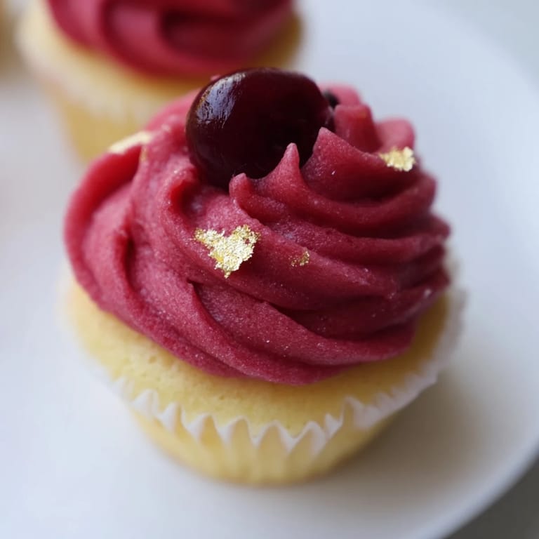 Freshly baked mini cherry cupcakes, frosted with cherry cream and adorned with delicate gold.