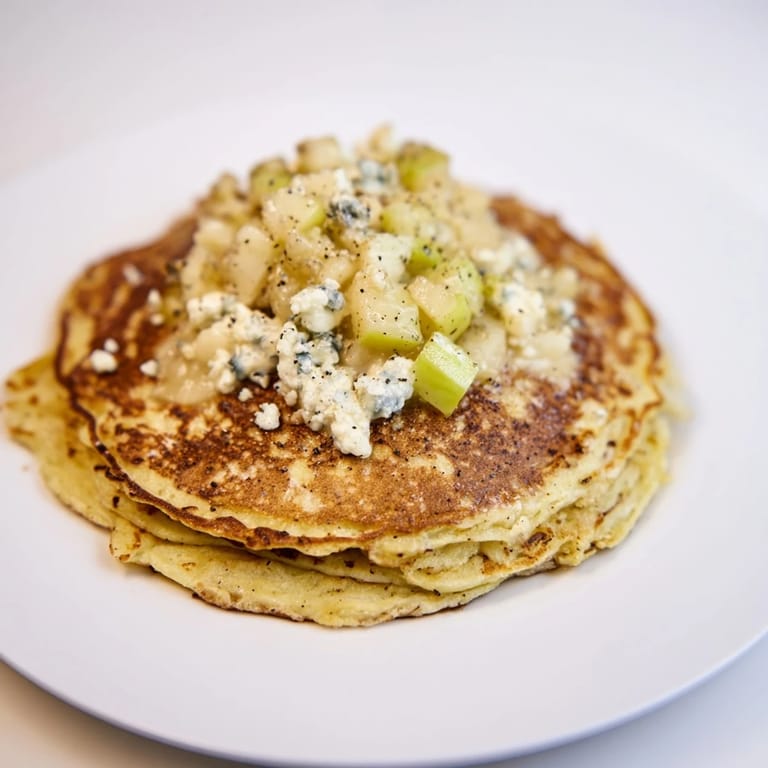 A stack of savory budget potato pancakes topped with a sweet and tangy Gorgonzola-apple compote.