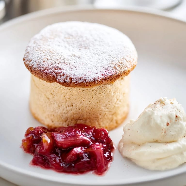 Close-up of a warm Mulled Wine Soufflé, perfect with vanilla cream and spiced plum compote.