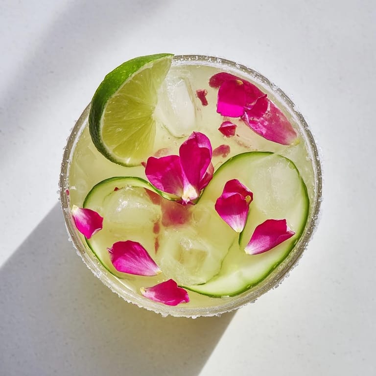 A beautifully garnished Gewürzgurken Margarita showcasing pink rose petals and cucumber slices, a party starter.