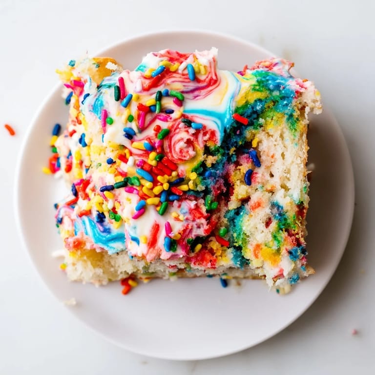 Close-up of a sliceable Chaotic Funfetti Cake, showcasing layers and plentiful, joyful sprinkles.
