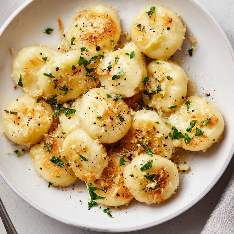 A steaming plate of potato dumplings with parmesan-garlic brown butter, ready to eat.