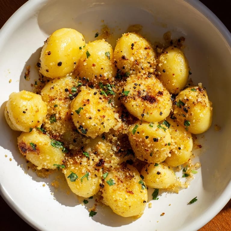 Freshly made potato dumplings in a skillet, coated in a rich brown butter and cheese sauce.