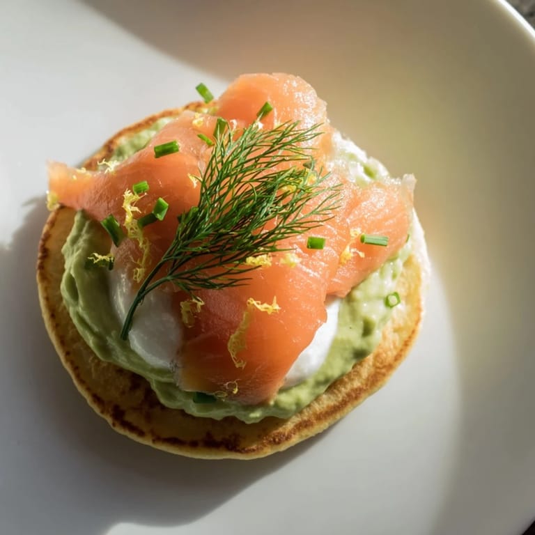 Golden, fluffy quark blinis topped with smoked salmon, creamy avocado, and fresh dill.