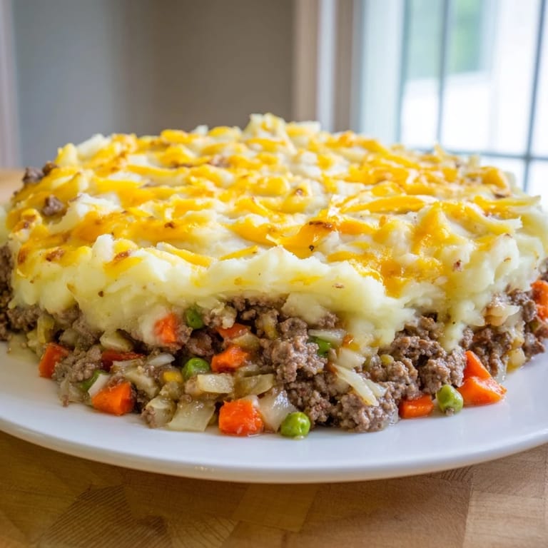 Hearty Rustic German Shepherd's Pie overflowing with a rich, savory beef filling under a cheesy crust.