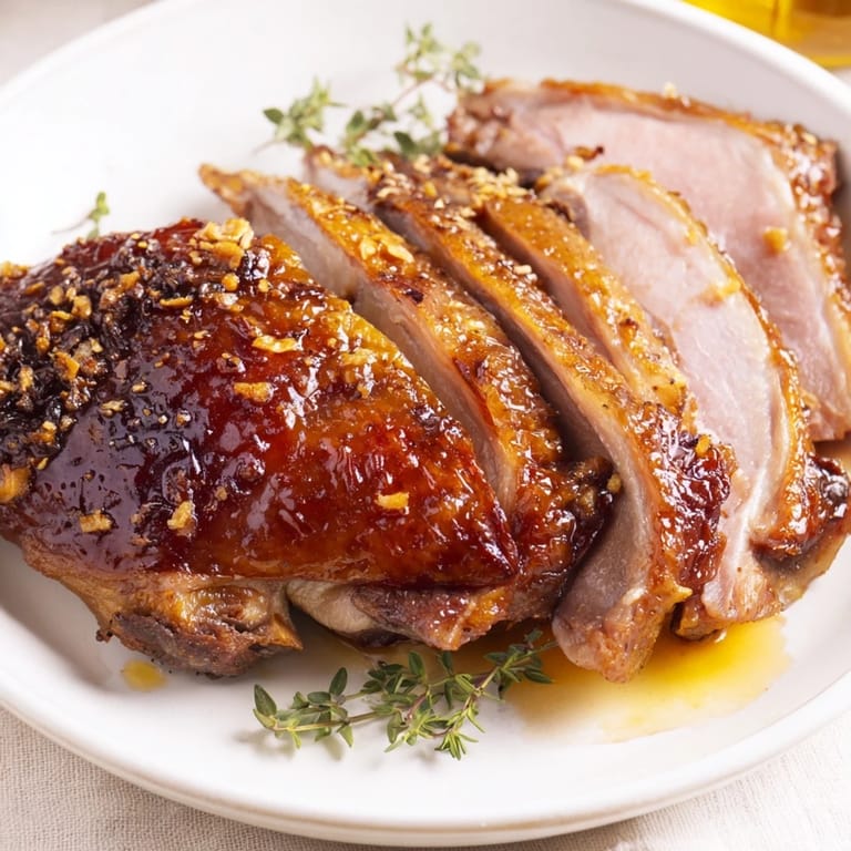 Close-up of a glistening Festive Roast Goose, showcasing crispy skin and flavorful pan juices, a delicious main course.