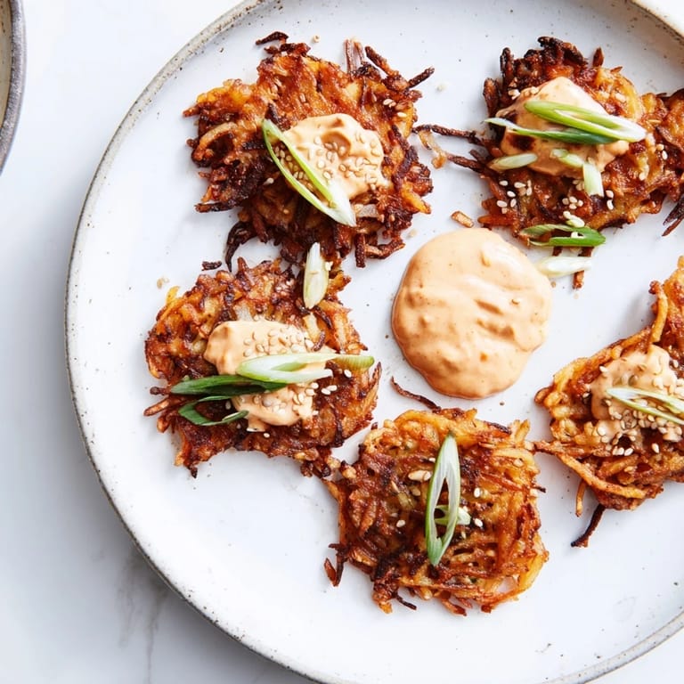 These savory potato pancakes with kimchi yogurt showcase crispy edges and a delicious texture.