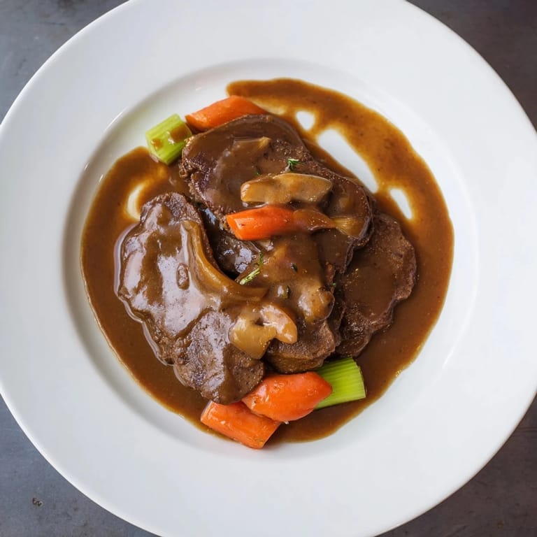 A close-up view of sliced Vegan Sauerbraten with gravy, perfect for a cozy German dinner.