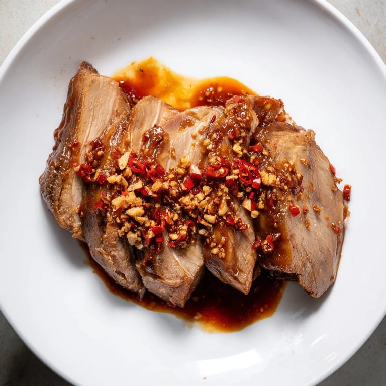 Tender Bavarian Roast Pork with flavorful crispy skin, served with vibrant sauce; a delicious meal.