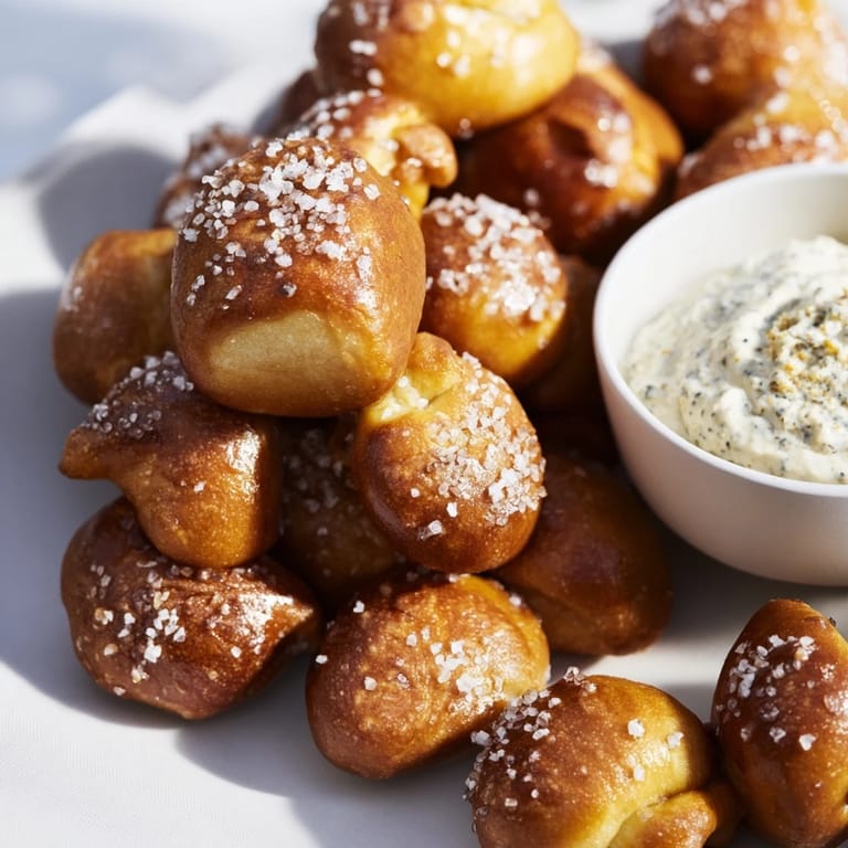 Close-up of freshly baked pretzel bites; enjoy them with flavorful zaatar butter for dipping.