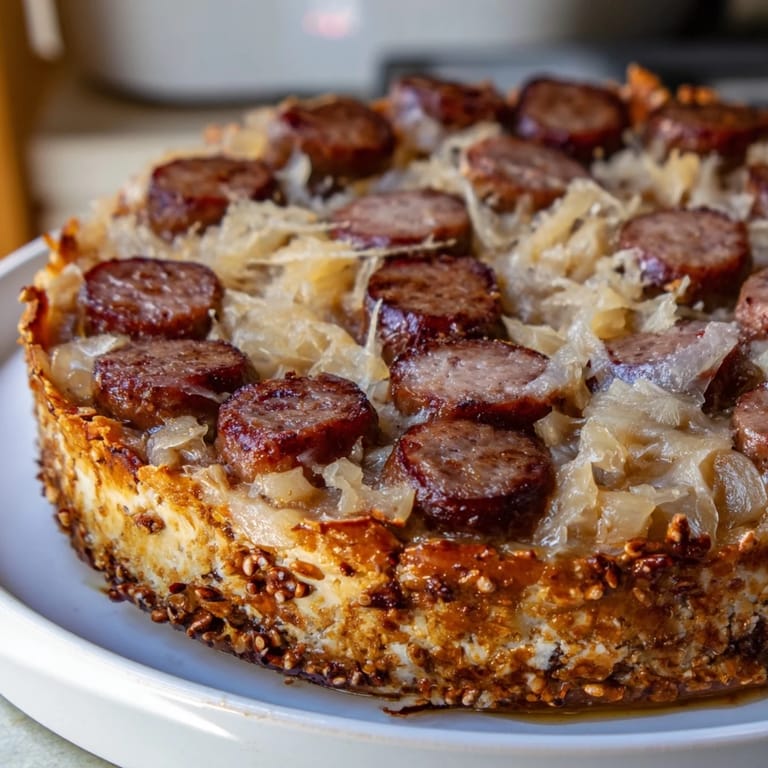 A close-up of a warm Bratwurst & Sauerkraut Pie, steaming after being freshly baked, ready to eat.
