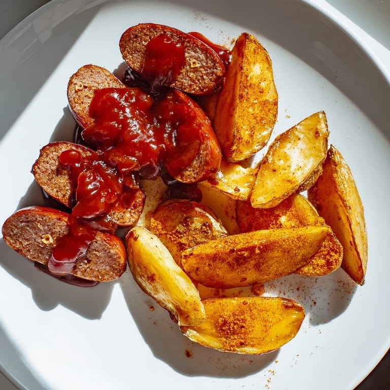 Crispy golden fries and sliced Currywurst smothered in sauce, a comforting German meal.