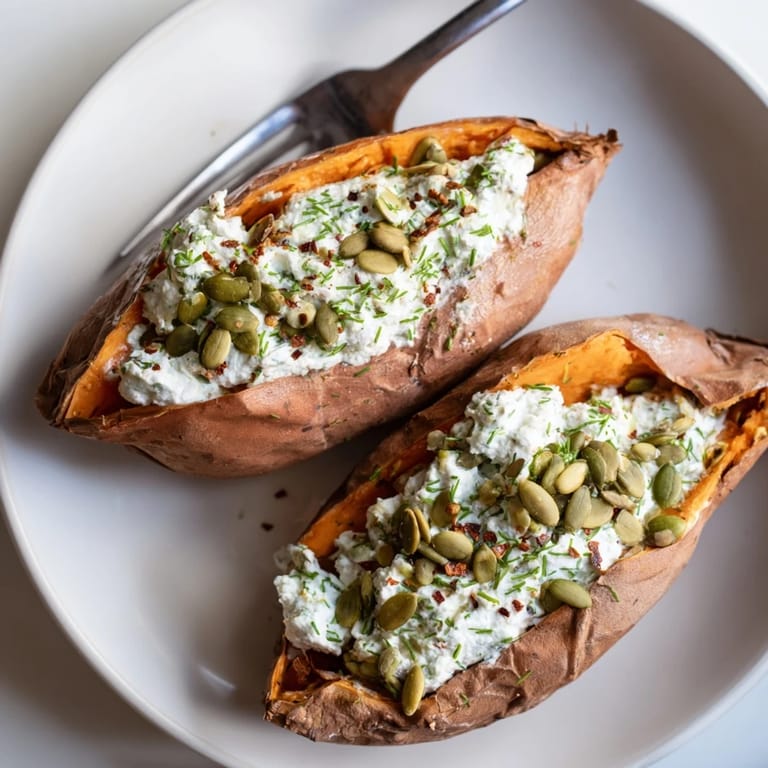 Savory oven-baked sweet potatoes filled with creamy cottage cheese, fresh herbs, and optional pumpkin seeds.