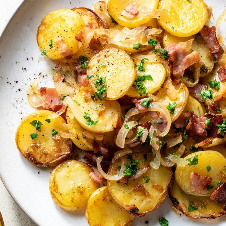 Savory Simple Fried Potatoes with Onions & Bacon featuring crispy bacon and caramelized onions piled high.