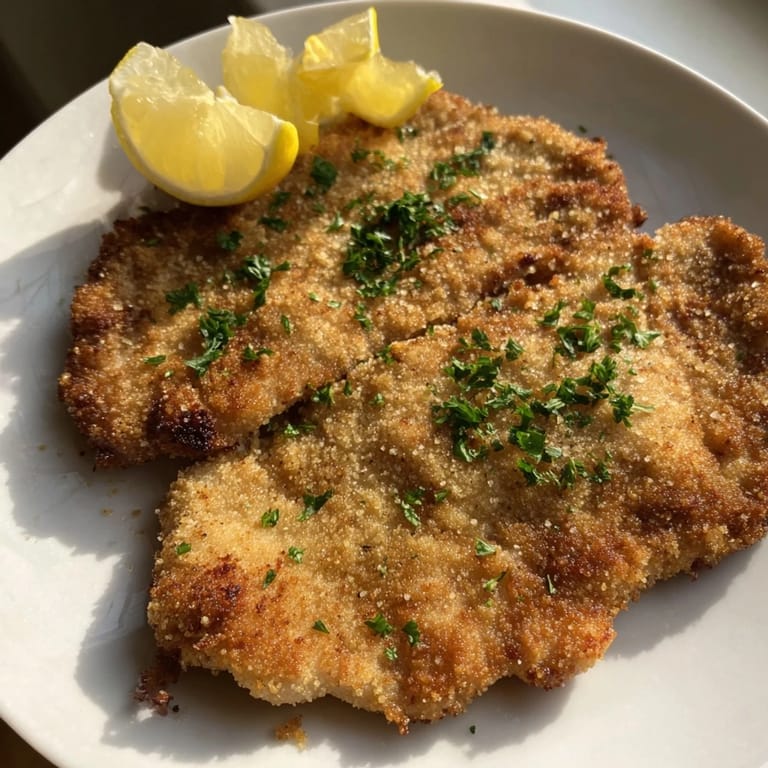 Delicious, golden-fried schnitzel-style cutlets, ready to eat, are surrounded by fresh parsley on a plate.