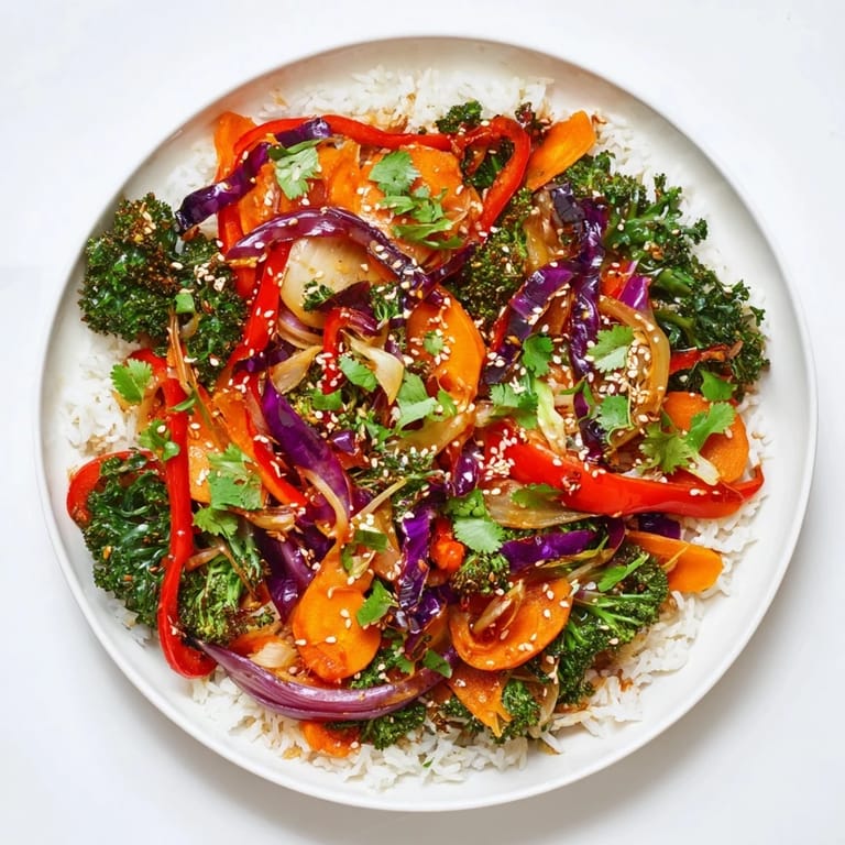 A healthy serving of Quick Winter Vegetable Stir-Fry over rice, a nutritious and delicious vegetarian meal.